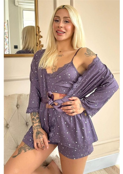 Lila Mini Stars Desenli Bambu Crop Sabahlıklı Şortlu Kadın Pijama Takımı