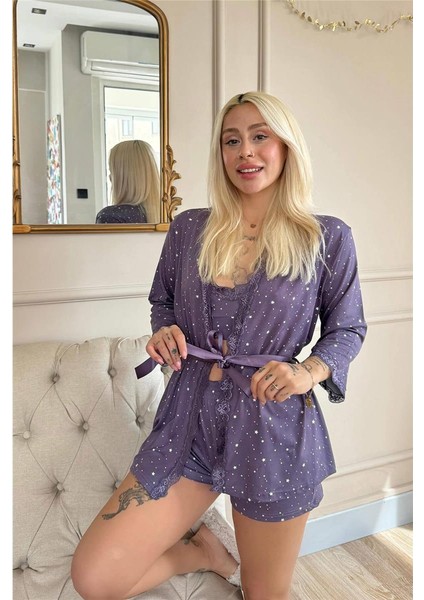 Lila Mini Stars Desenli Bambu Crop Sabahlıklı Şortlu Kadın Pijama Takımı