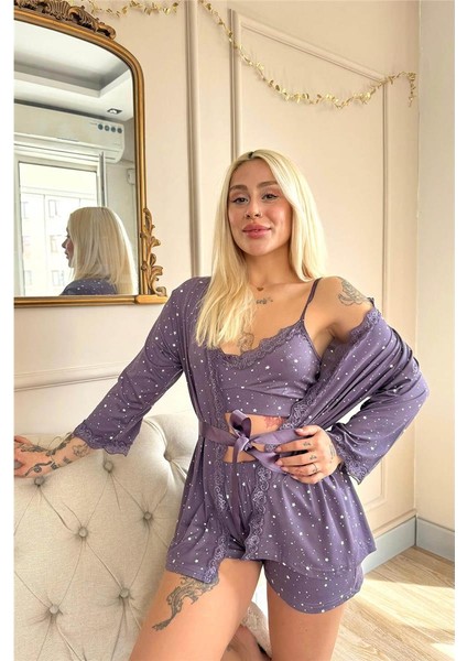 Lila Mini Stars Desenli Bambu Crop Sabahlıklı Şortlu Kadın Pijama Takımı