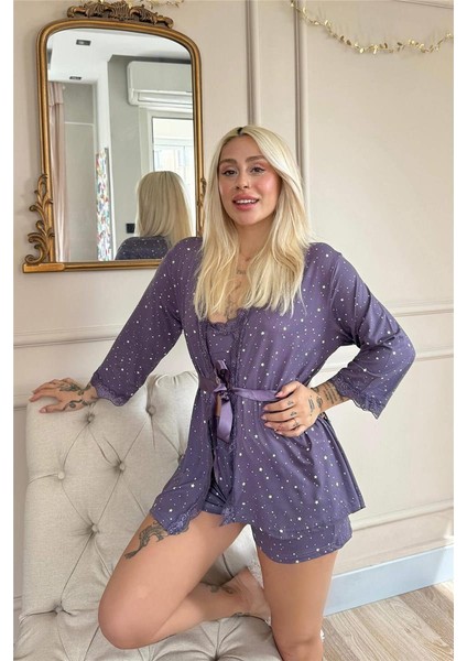 Lila Mini Stars Desenli Bambu Crop Sabahlıklı Şortlu Kadın Pijama Takımı