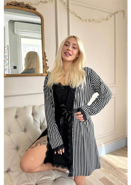 Black Line Desenli Sabahlıklı Gecelik Kadın Pijama Seti