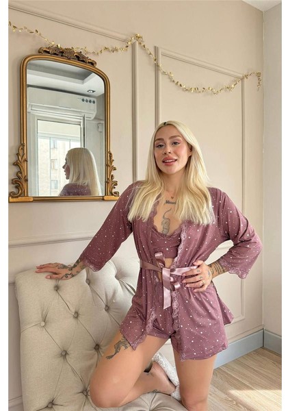 Koyu Pembe Mini Stars Desenli Bambu Crop Sabahlıklı Şortlu Kadın Pijama Takımı fiyatları