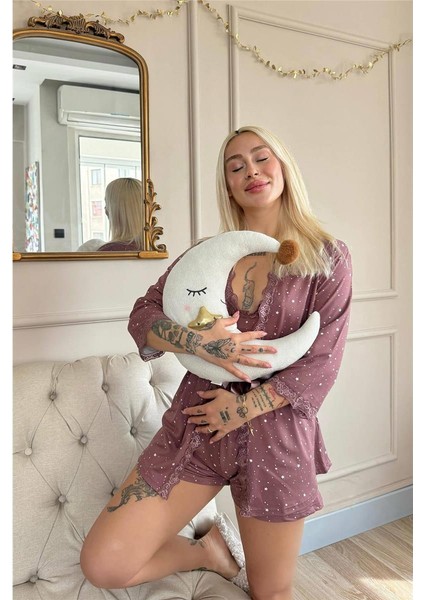 Koyu Pembe Mini Stars Desenli Bambu Crop Sabahlıklı Şortlu Kadın Pijama Takımı modelleri
