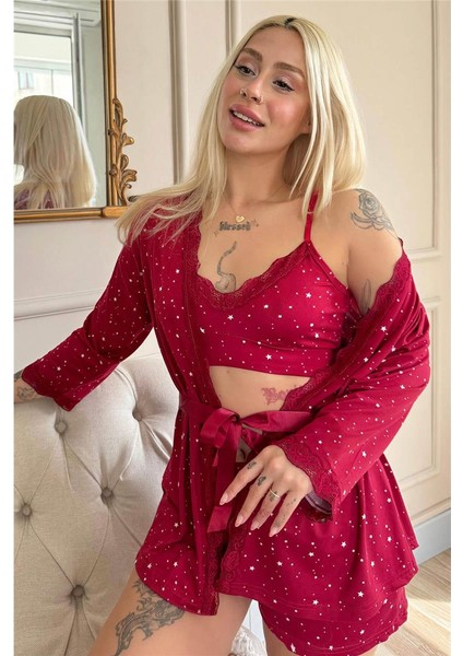 Bordo Mini Stars Desenli Bambu Crop Sabahlıklı Şortlu Kadın Pijama Takımı