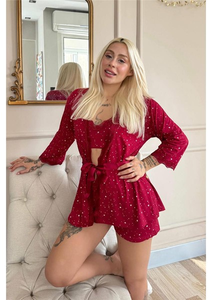 Bordo Mini Stars Desenli Bambu Crop Sabahlıklı Şortlu Kadın Pijama Takımı