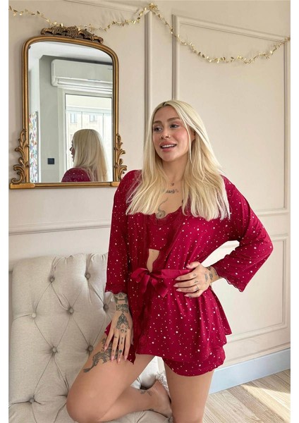 Bordo Mini Stars Desenli Bambu Crop Sabahlıklı Şortlu Kadın Pijama Takımı