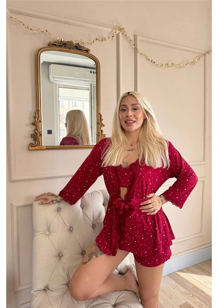 Bordo Mini Stars Desenli Bambu Crop Sabahlıklı Şortlu Kadın Pijama Takımı