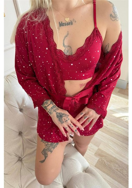 Bordo Mini Stars Desenli Bambu Crop Sabahlıklı Şortlu Kadın Pijama Takımı
