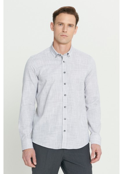 Slim Fit Dar Kesim Düğmeli Yaka Keten Görünümlü Pamuk Flamlı Gömlek