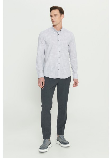 Slim Fit Dar Kesim Düğmeli Yaka Keten Görünümlü Pamuk Flamlı Gömlek
