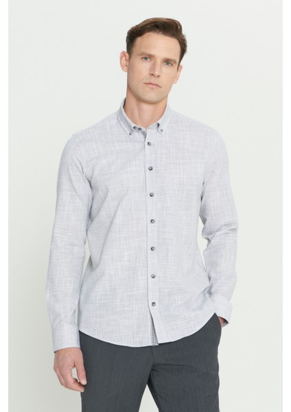 Slim Fit Dar Kesim Düğmeli Yaka Keten Görünümlü Pamuk Flamlı Gömlek