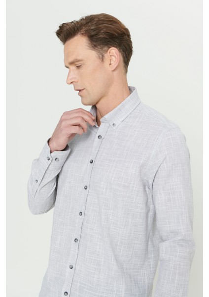 Slim Fit Dar Kesim Düğmeli Yaka Keten Görünümlü Pamuk Flamlı Gömlek