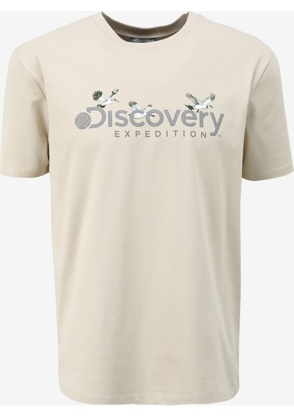 Bej Erkek Bisiklet Yaka Basic Baskılı T-Shirt D4SM-TST3310