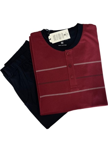 Erkek Yaka Detay Bordo Pamuk Süprem Kısa Kol Göğüs Cepli Pijama Takımı