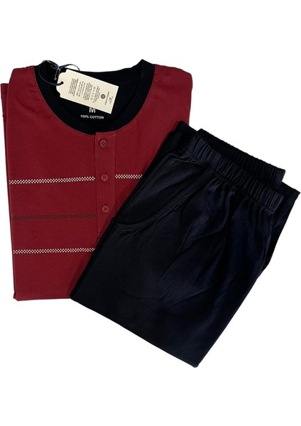 Erkek Yaka Detay Bordo Pamuk Süprem Kısa Kol Göğüs Cepli Pijama Takımı modelleri