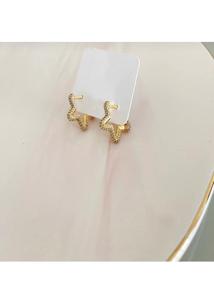 Zirkon Taşlı Gold Yıldız Küpe