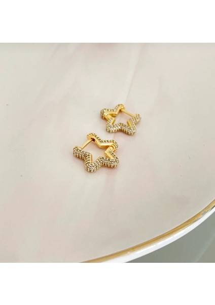 Zirkon Taşlı Gold Yıldız Küpe
