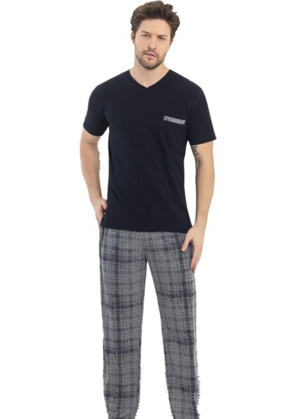 Erkek Yaka Detay Pamuk Süprem Kısa Kol Göğüs Cepli Pijama Takımı