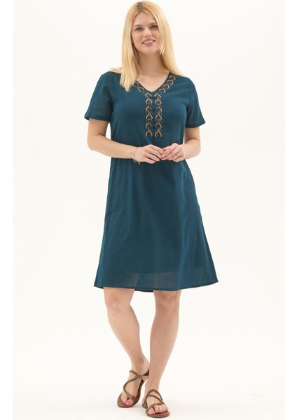 Şile Bezi Petrol Kısa Kol Nakışlı Yaka Yazlık Elbise