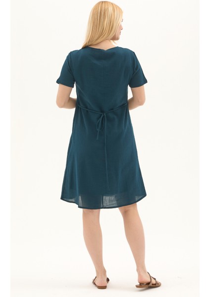 Şile Bezi Petrol Kısa Kol Nakışlı Yaka Yazlık Elbise indirimleri