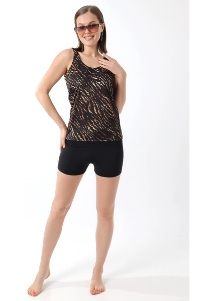 Tankini Şortlu Leopar Desenli Şortu Astarlı