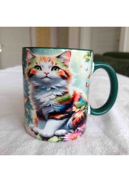 Mugs And Love Renkli Kedi Baskı Büyük Boy Kupa