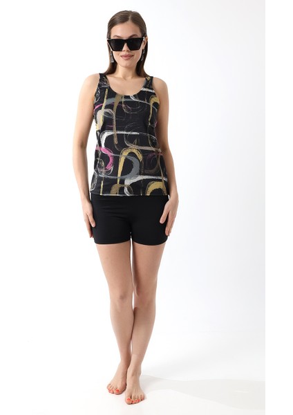 Kadın Tankini Şortlu Desenli Astarlı Mayo Mikrolu Likra Kumaş 38 Beden