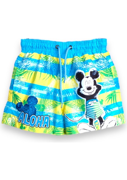 Mickey Mouse Tropikal Desenli Aloha Temalı Renkli Erkek Çocuk Deniz Şortu