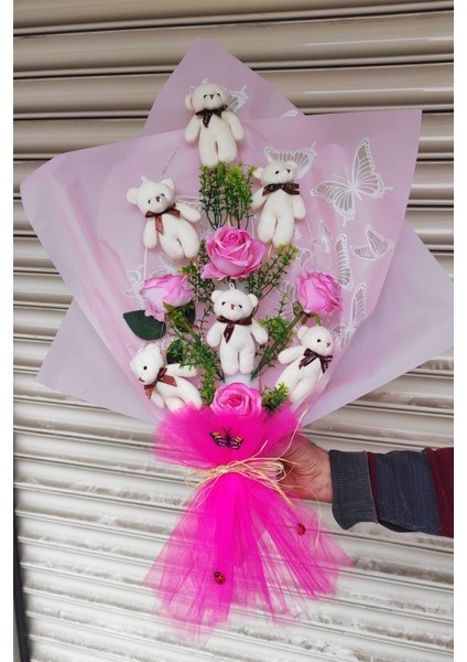 Ayıcık Çiçek Buketi 6 Adet Peluş Ayı 4 Adet Kadife Gül Işıklı Hediyelik Büyük Boy fırsatları