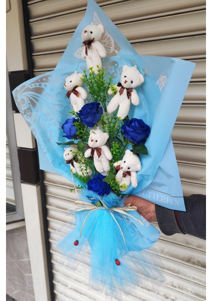 Ayıcık Çiçek Buketi 6 Adet Peluş Ayı 4 Adet Kadife Gül Işıklı Hediyelik Büyük Boy modelleri