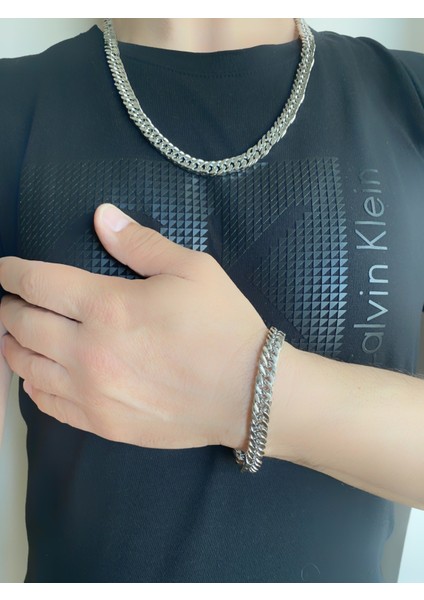 Zincir Kolye ve Bileklik Seti Paslanmaz 316L Çelik Kadın Erkek Kalın Yassı Örme Parlak Gümüş Gri