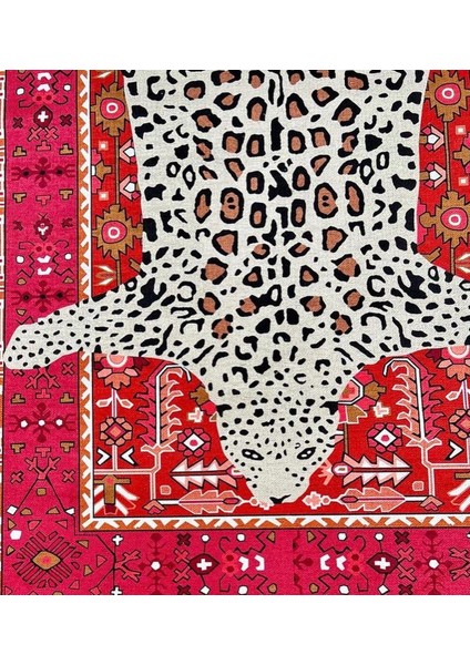 Kırmızı Leopar Desenli Yıkanabilir Kaymaz Frame Taban Dokuma Kilim