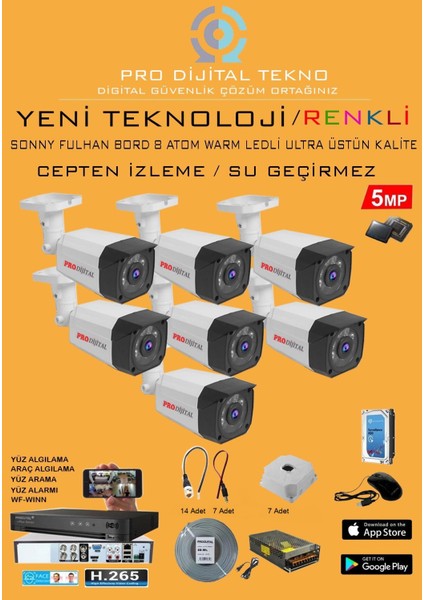 7 Kameralı Gece Renkli 5 Mp 8 Adet Warm LED Güvenlik Kamerası Seti Full Hd Kamera Sistemi