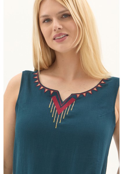 Şile Bezi Petrol Kolsuz Nakışlı Otantik Yazlık Elbise modelleri