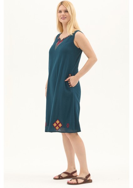 Şile Bezi Petrol Kolsuz Nakışlı Otantik Yazlık Elbise fırsatları