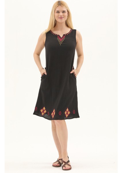 Şile Bezi Siyah Kolsuz Nakışlı Otantik Yazlık Elbise fiyatları