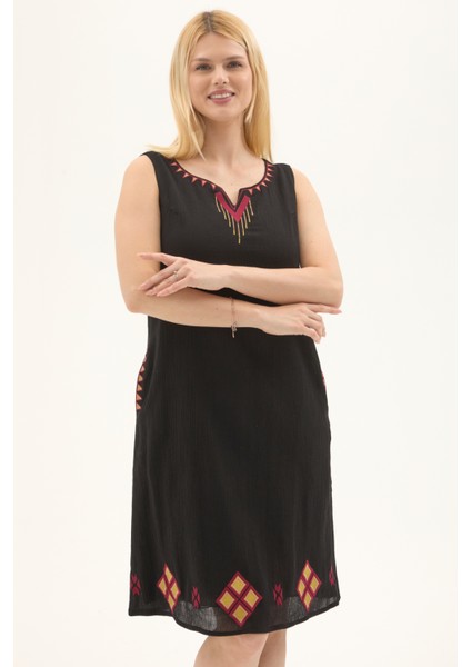 Şile Bezi Siyah Kolsuz Nakışlı Otantik Yazlık Elbise fırsatları