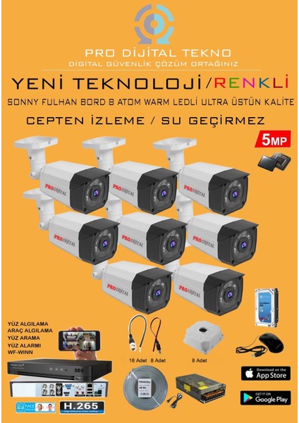 8 Kameralı Gece Renkli 5 Mp 8 Adet Warm LED Güvenlik Kamerası Seti Full Hd Kamera Sistemi