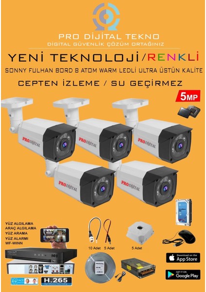 5 Kameralı Gece Renkli 5 Mp 8 Adet Warm LED Güvenlik Kamerası Seti Full Hd Kamera Sistemi