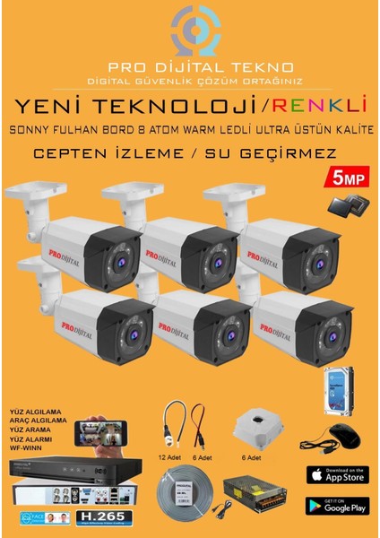 6 Kameralı Gece Renkli 5 Mp 8 Adet Warm LED Güvenlik Kamerası Seti Full Hd Kamera Sistemi