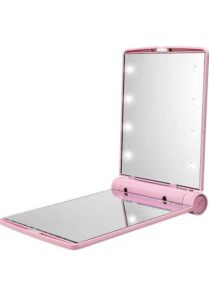 Katlanır Mini Işıklı Makyaj Aynası Cep Çanta Aynası 8 LED Pilli Pembe