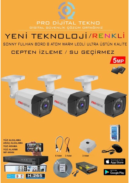 3 Kameralı Gece Renkli 5 Mp 8 Adet Warm LED Güvenlik Kamerası Seti Full Hd Kamera Sistemi