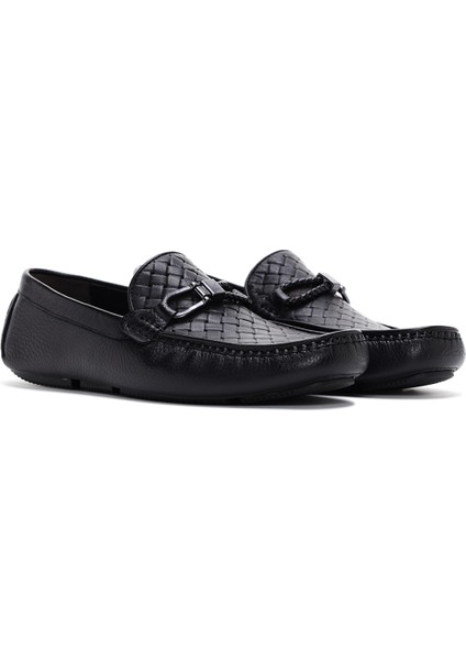 Erkek Siyah Tokalı Deri Casual Loafer