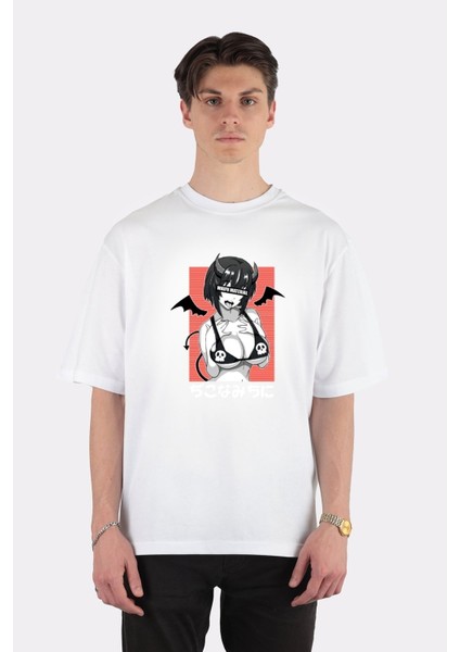 Beyaz Oversize T-Shirt Ahegao Waifu Material Anime Devıl Gırl (For Otaku)