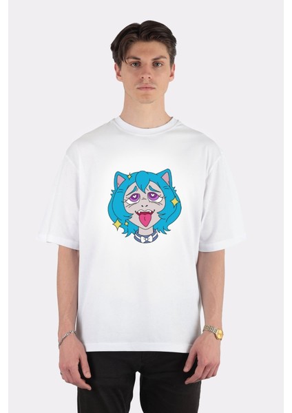 Beyaz Oversize T-Shirt Ahegao's Face