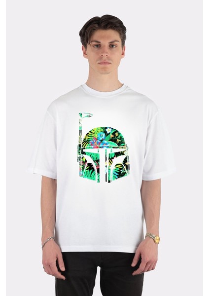 Beyaz Oversize T-Shirt Tropical Boba Fett