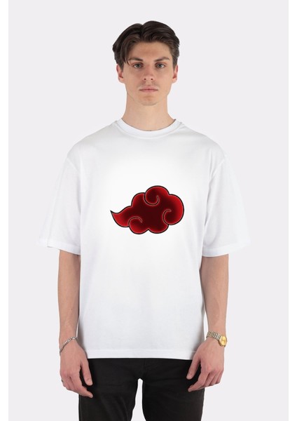 Beyaz Oversize T-Shirt Akatsuki Symbol