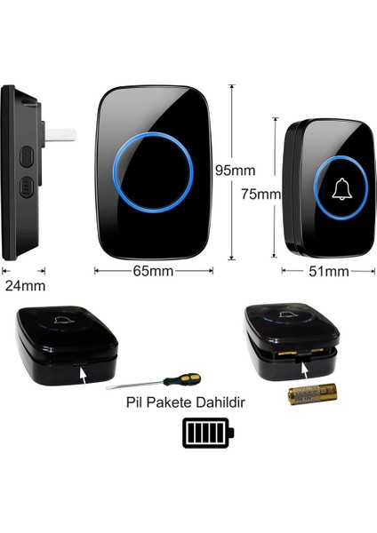 Ledli Modern Kablosuz Kapı Zili 300METRE Menzil 60 Çeşit Zil 5 Seviye Ses