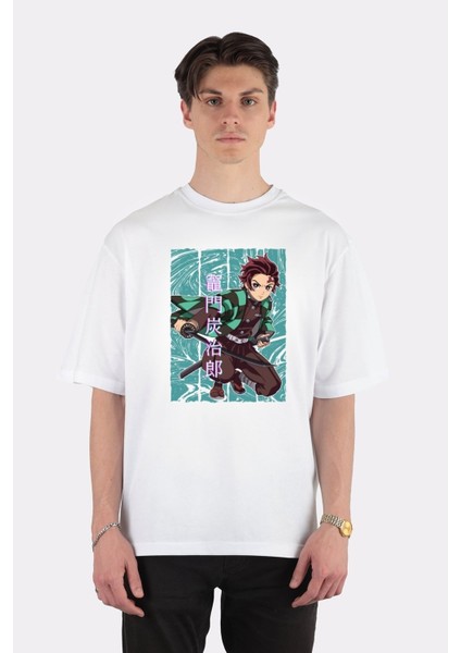 Beyaz Oversize T-Shirt Demon Slayer - Tanjiro Kamado