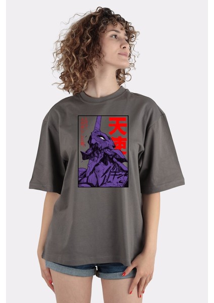 Füme Pamuk Bisiklet Yaka Oversize T-Shirt Eva 01 Evangelion